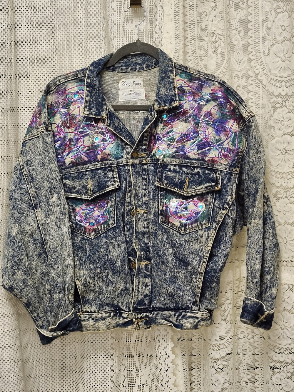 Paris Blues Vintage 90s Acid Wash Denim Jacket with Multicolor Accents MED